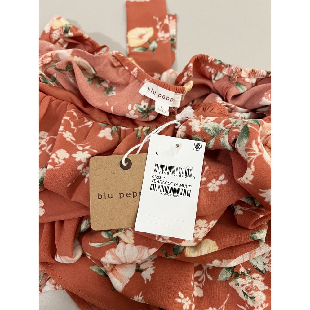 Blu Pepper Dress Terracotta Multi Floral Square Neck Tie Waist Ruffle Mini Large - Picture 7 of 8